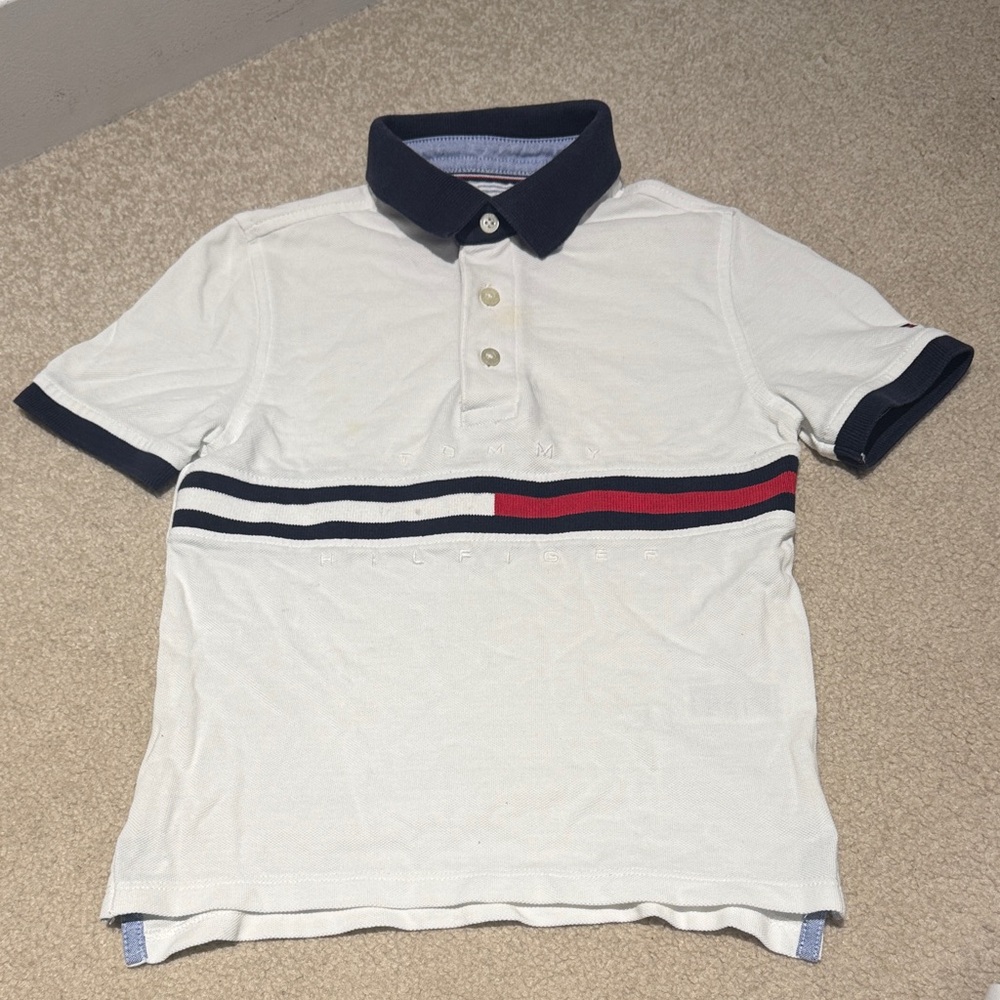 Tommy Hilfiger White Polo Shirt with Navy and Red Stripes top